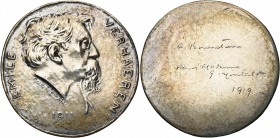 BELGIQUE, AR médaille, 1911, A. Bonnetain. Emile Verhaeren. D/ T. à d. R/ Dédicace en quatre lignes : A. Bonnetain/ pour Madame/ G. Montald/ 1919. 56m...