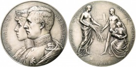 BELGIQUE, AE argenté médaille, 1914 (1916), Devreese. Reconnaissance de la Belgique envers les Etats-Unis. D/ B. accolés à g. du roi Albert et de la r...