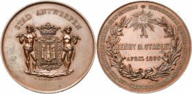 CONGO BELGE, AE médaille, 1890, Baetes. Hommage d'Anvers à Henry Morton Stanley. D/ Armes d'Anvers tenues par deux sauvages. R/ Dans une couronne de l...