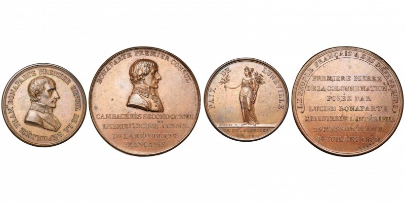 FRANCE, lot de 2 médailles: 1800 (an 8), Duvivier, Pose de la 1e pierre de la co...