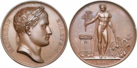 FRANCE, AE médaille, 1809, Andrieu. Paix de Vienne. D/ T. l. de Napoléon Ier à d. R/ L'empereur deb. de f., en éphèbe antique, posant une branche d'ol...