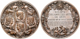 FRANCE, lot de 2 médailles: 1833, Barre, Visite de la Monnaie par la famille royale (AE argenté, 75 mm, poinçon : corne); 1849, Dantzell, Société des ...