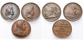 FRANCE, lot de 3 médailles en bronze: 1667, Mauger, Fondation de l'académie royale de peinture et de sculpture à Paris et à Rome; 1674, Mauger, Levée ...
