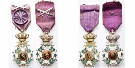 BELGIQUE, lot de 2 croix, officier et chevalier militaires unilingues de l'Ordre de Léopold, avec glaives croisés sur le ruban. Vendu avec deux brevet...