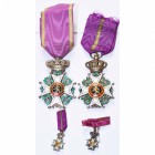 BELGIQUE, lot de 2 croix et 2 miniatures de chevalier de l'Ordre de Léopold, modèle civil unilingue: l'une avec ruban rayé d’or (époque 1e Guerre mond...