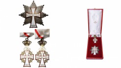 DANEMARK, Ordre du Danebrog, ensemble de grand-croix, modèle au monogramme de Frederik IX (1947-1972): bijou, écharpe et plaque. Ecrin Michelsen (Cope...