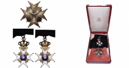 SUEDE, Ordre de l'Etoile polaire, créé en 1748, ensemble de grand-croix: bijou (éclat à l'émail, une pointe faussée), plaque et écharpe. Ecrin Carlman...