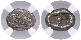 Lydian Kingdom (Sardes) AR Third-Stater ND - Time of Croesus (c.561-546 BC) - NGC Ch VF
Strike: 5/5, Surface: 2/5. Countermark. Obv.: Confronted fore...
