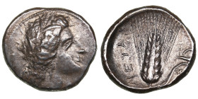 Lucania (Metapont) AR Stater ND (330-290 BC)
7.88g. 22mm. AU/AU. A delightful exemplar, featuring beautiful aged toning and subtle remnants of mint l...