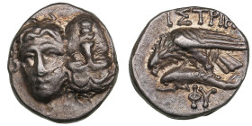 Moesia (Istros) AR Drachm, 4th century BC
5.69g. 18mm. AU/AU. A beautiful specimen, featuring vibrant Mint luster and attractive, old multicolored to...