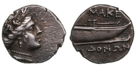Macedonia (Amphipolis) AR Tetrobol ND (c.187-168 BC)
2.13g. 15mm. AU/AU. Obv.: Head of maenad right. Rev.: Prow of galley right; ”MAKE/ΔONΩN”. HGC 3,...