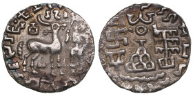 Kunindas, Punjab region, AR Drachm ND - Amoghabuti (c.150-80 BC)
2.09g. 17mm. VF/XF. Obv.: Deer standing right with raised head, three-arched hill sy...