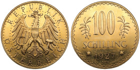 Austria (Vienna) 100 Schilling 1927
23.52g. Au 0.900. UNC/UNC. Engraver’s Signature – Arnold Hartig. KM 2842; Friedberg 520; Schön 46. PLEASE NOTE: T...