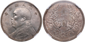 China (Republic) 1 Yuan (Dollar) 1914 - NGC AU 58
Obv.: Bust of Yuan Shih-kai left, ”Year 3 of the Republic of China” above. Rev.: ”One Yuan” within ...