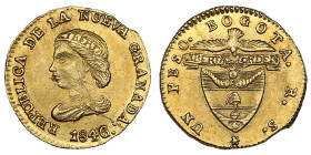 Republic of New Granada (Bogota) 1 Peso 1846
1.68g. Au 0.875. 15mm. UNC/UNC. A charming mint state specimen, featuring bright, attractive luster and ...