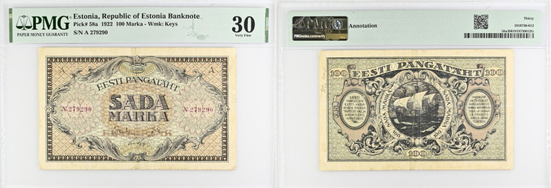 Estonia 100 Markka 1922 - PMG 30 Very Fine
Pick 58a, Series A, Wmk: Keys