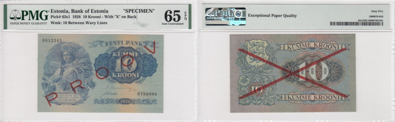 Estonia 10 Krooni 1928 - SPECIMEN - PMG 65 EPQ Gem Uncirculated
PROOV overprint...