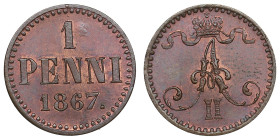 Finland (Russia) 1 Penni 1867 - Alexander II (1855-1881) - NGC MS 65 RB
1.18g. UNC/UNC. Gorgeous lustrous specimen with traces of red mint luster. Bi...
