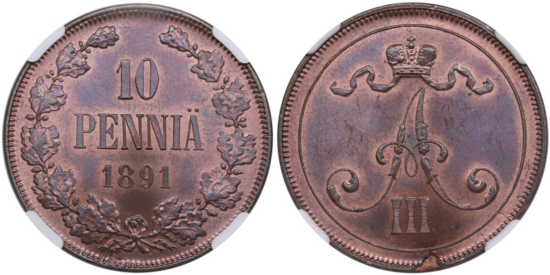 Finland (Russia) 10 Penniä 1891 - Alexander III (1881-1894) - NGC MINT ERROR MS ...
