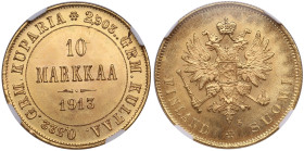Finland (Russia) 10 Markkaa 1913 S - Nicholas II (1894-1917) - NGC MS 66
Standard weight - 3.23g. Au 0.900. Gorgeous lustrous specimen. Bitkin 394. P...