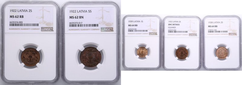 Copper coins of Latvia 1922-1939 (5) - NGC MS 62-MS 64
Lot includes: 1 Santims ...