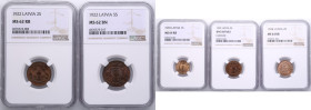 Copper coins of Latvia 1922-1939 (5) - NGC MS 62-MS 64
Lot includes: 1 Santims 1939. KM 10. NGC MS 64 RB. 2 Santimi 1922. KM 2. NGC MS 62 RB. 2 Santi...