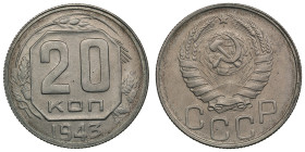 Russia (USSR) 20 Kopecks 1943
3.62g. UNC/UNC. Well-struck specimen with mint luster and olive-green patina. Fedorin 54.