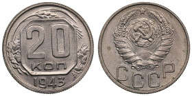 Russia (USSR) 20 Kopecks 1943
3.51g. UNC/UNC. Charming lustrous specimen. Fedorin 55.