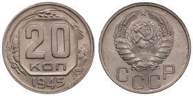 Russia (USSR) 20 Kopecks 1945
3.61g. UNC/UNC. Attractive exemplar with mint luster and elegant toning. Fedorin 69.
