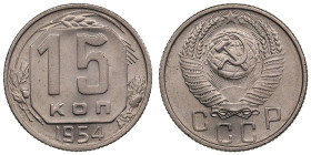 Russia (USSR) 15 Kopecks 1954
2.74g. UNC/UNC. Charming brilliant exemplar with elegant toning. Fedorin 123.