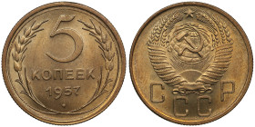 Russia (USSR) 5 Kopecks 1957
4.94g. UNC/UNC. Gorgeous luminous exemplar. Fedorin 101.