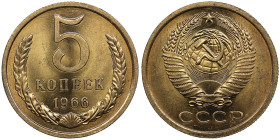 Russia (USSR) 5 Kopecks 1966
4.92g. UNC/UNC. Lacquered. Circulation issue. Fedorin 112. Rare.
