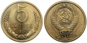 Russia (USSR) 5 Kopecks 1967
4.93g. UNC/UNC. Bank set issue. Fedorin 113. Rare.