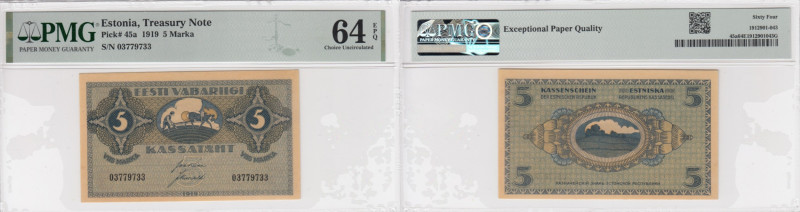Estonia 5 Marka 1919 - PMG 64 EPQ Choice Uncirculated
Pick 45a.