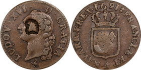 FRANCE. Kingdom. Sol, 1791-A. Paris Mint. Louis XVI. VERY FINE Details, Countermarked.