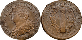 FRANCE. Constitution. 2 Sols, Year 4/1792-BB. Strasbourg Mint. Louis XVI. PCGS MS-62 BN.