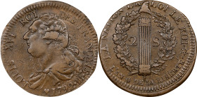 FRANCE. Constitution. 2 Sols, Year 4/1792-BB. Strasbourg Mint. Louis XVI. ALMOST UNCIRCULATED.