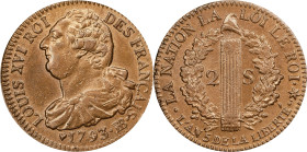 FRANCE. Constitution. 2 Sols, Year 5/1793-BB. Strasbourg Mint. Louis XVI. PCGS Genuine--Cleaned, AU Details.