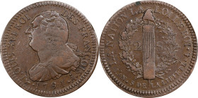 FRANCE. Constitution. 2 Sols, Year 3/1791-Ȧ. Paris (Barnabite Convent) Mint. Louis XVI. CHOICE EXTREMELY FINE.
