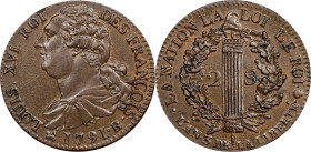 FRANCE. Constitution. 2 Sols, Year 3/1791-B. Rouen Mint. Louis XVI. UNCIRCULATED Details, Scratches.