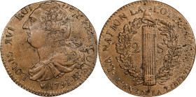 FRANCE. Constitution. 2 Sols, Year 3/1791-BB. Strasbourg Mint. Louis XVI. PCGS AU-58.