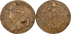 FRANCE. Constitution. 2 Sols, Year 3/1791-L. Bayonne Mint. Louis XVI. ALMOST UNCIRCULATED.