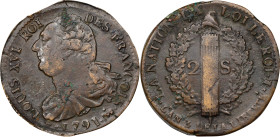 FRANCE. Constitution. 2 Sols, Year 3/1791. Pau Mint; mm: Cow. Louis XVI. ALMOST UNCIRCULATED Details, Environmental Damage.