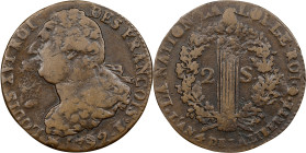 FRANCE. Constitution. 2 Sols, Year 4/1792-B. Rouen Mint. Louis XVI. VERY FINE Details, Scratches.