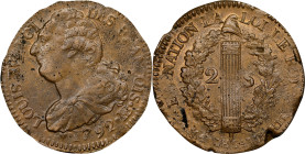 FRANCE. Constitution. 2 Sols, Year 4/1792-BB. Strasbourg Mint. Louis XVI. PCGS AU-58.