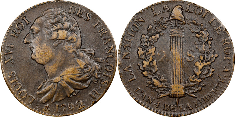 FRANCE. Constitution. 2 Sols, Year 4/1792-H. La Rochelle Mint. Louis XVI. CHOICE...