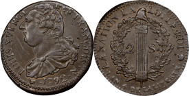 FRANCE. Constitution. 2 Sols, Year 4/1792-N. Montpellier Mint. Louis XVI. UNCIRCULATED Details, Scratches.