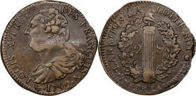 FRANCE. Constitution. 2 Sols, Year 4/1792-N. Montpellier Mint. Louis XVI. ALMOST UNCIRCULATED.