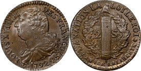 FRANCE. Constitution. 2 Sols, Year 4/1792-Q. Perpignan Mint. Louis XVI. PCGS MS-62 Brown.