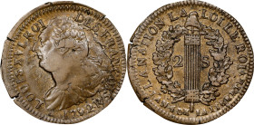 FRANCE. Constitution. 2 Sols, Year 4/1792-R. Orléans Mint. Louis XVI. CHOICE ALMOST UNCIRCULATED.